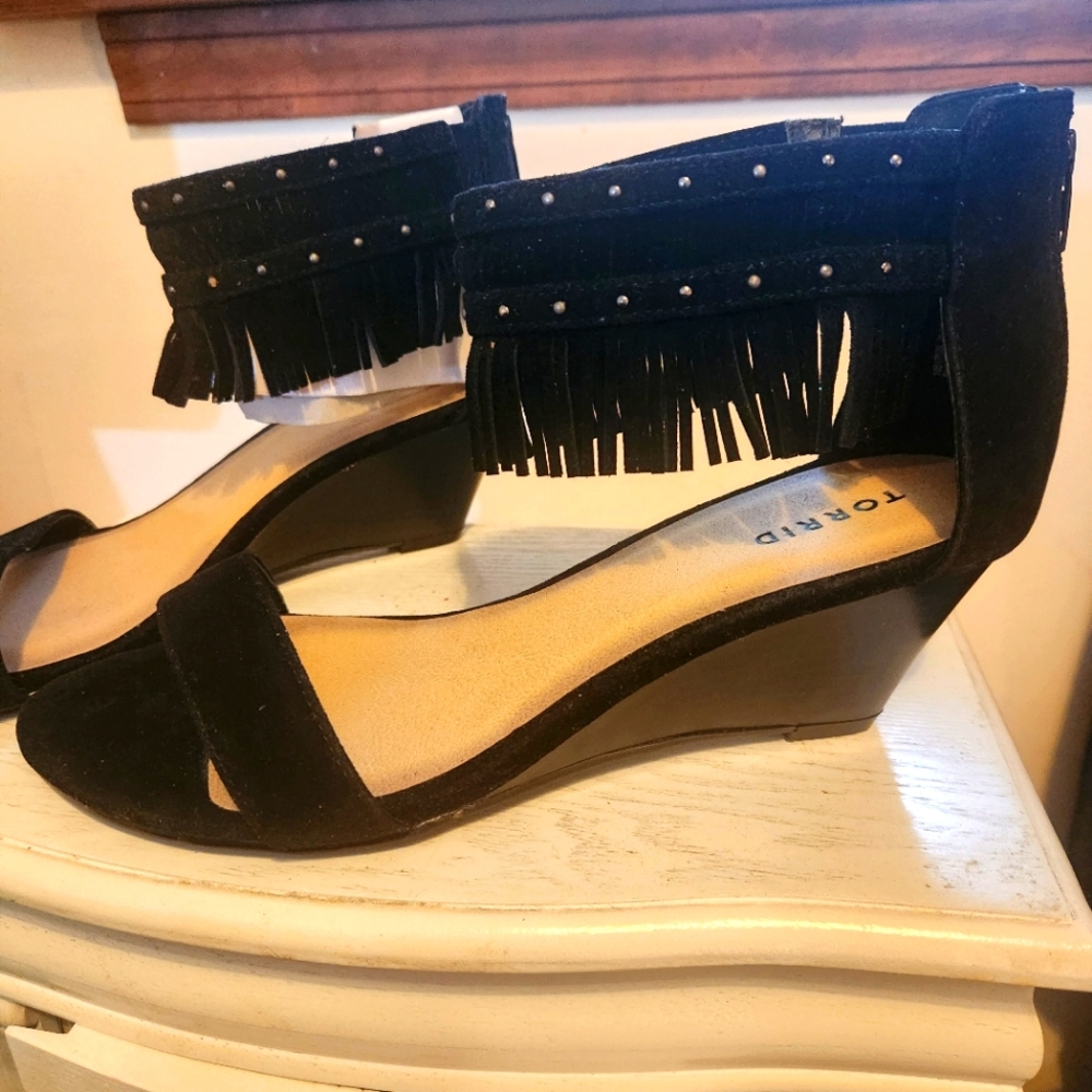 Torrid Black Fringe Studded Wedge Sandals